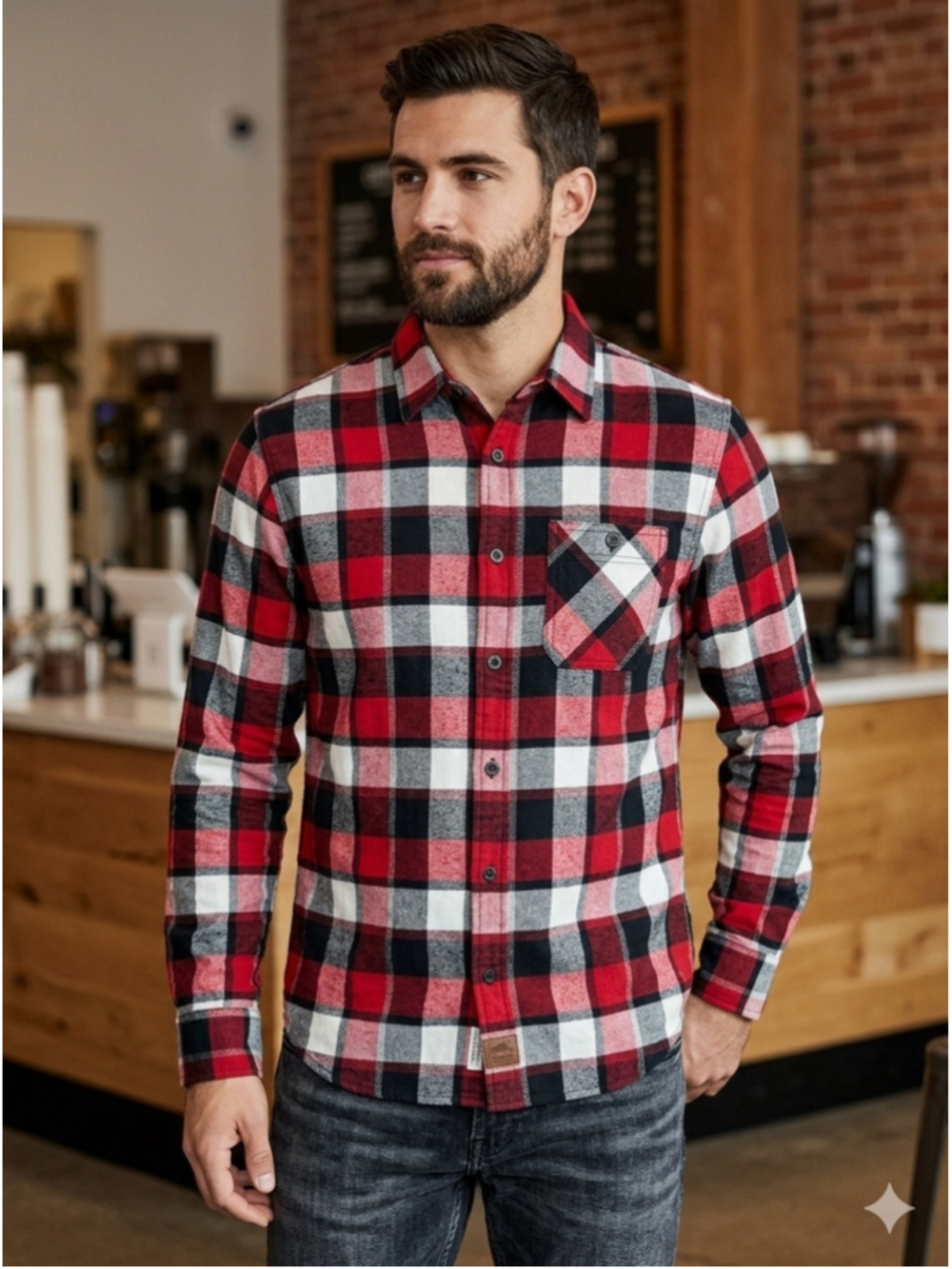 Roots Red Black White Plaid Long-Sleeve Button-Down Shirt rugged western L 1497